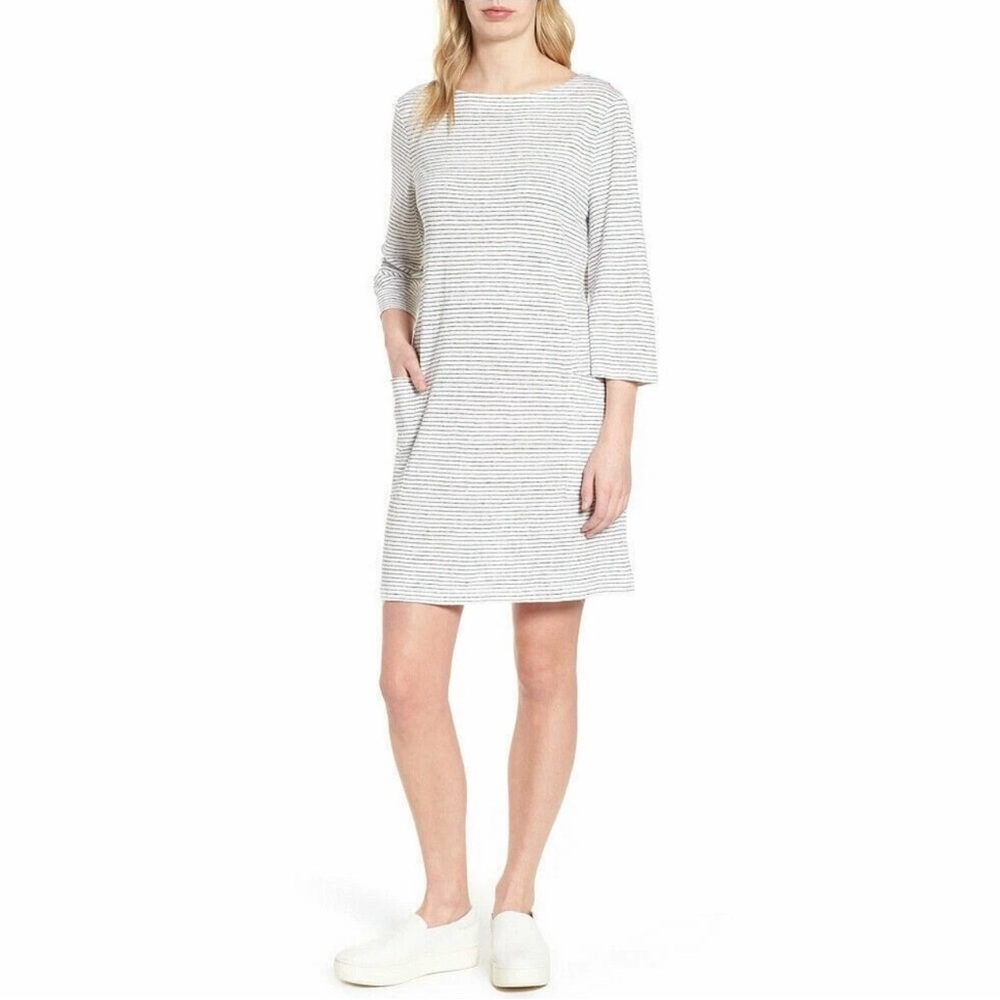 Eileen Fisher 100% Organic Linen Jersey Stripe 3/4 Sleeve Pocket Dress Medium